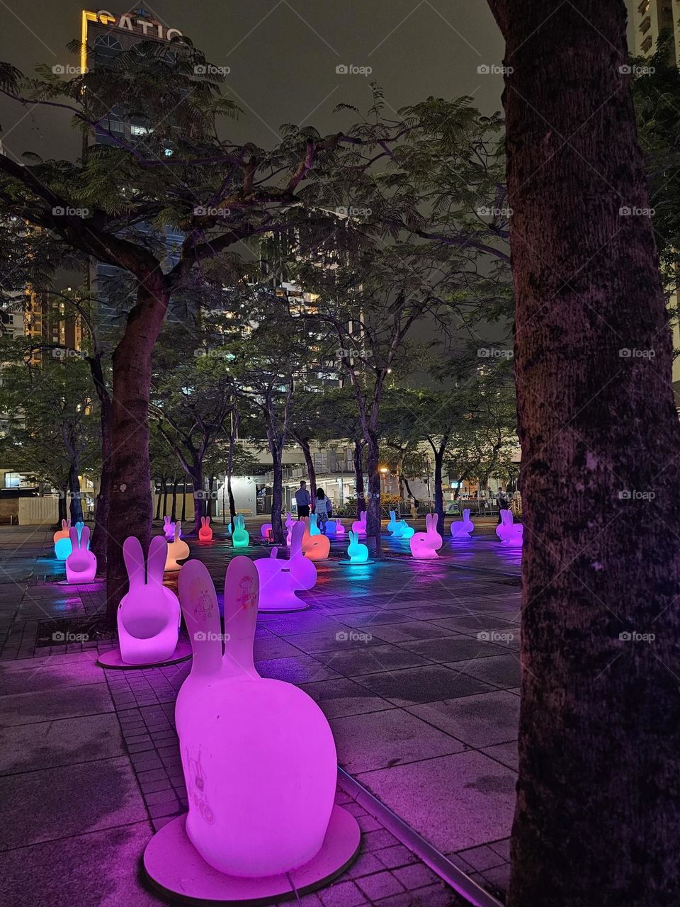 Colorful lighted Easter Bunnies at Hong Kong Victoria Park