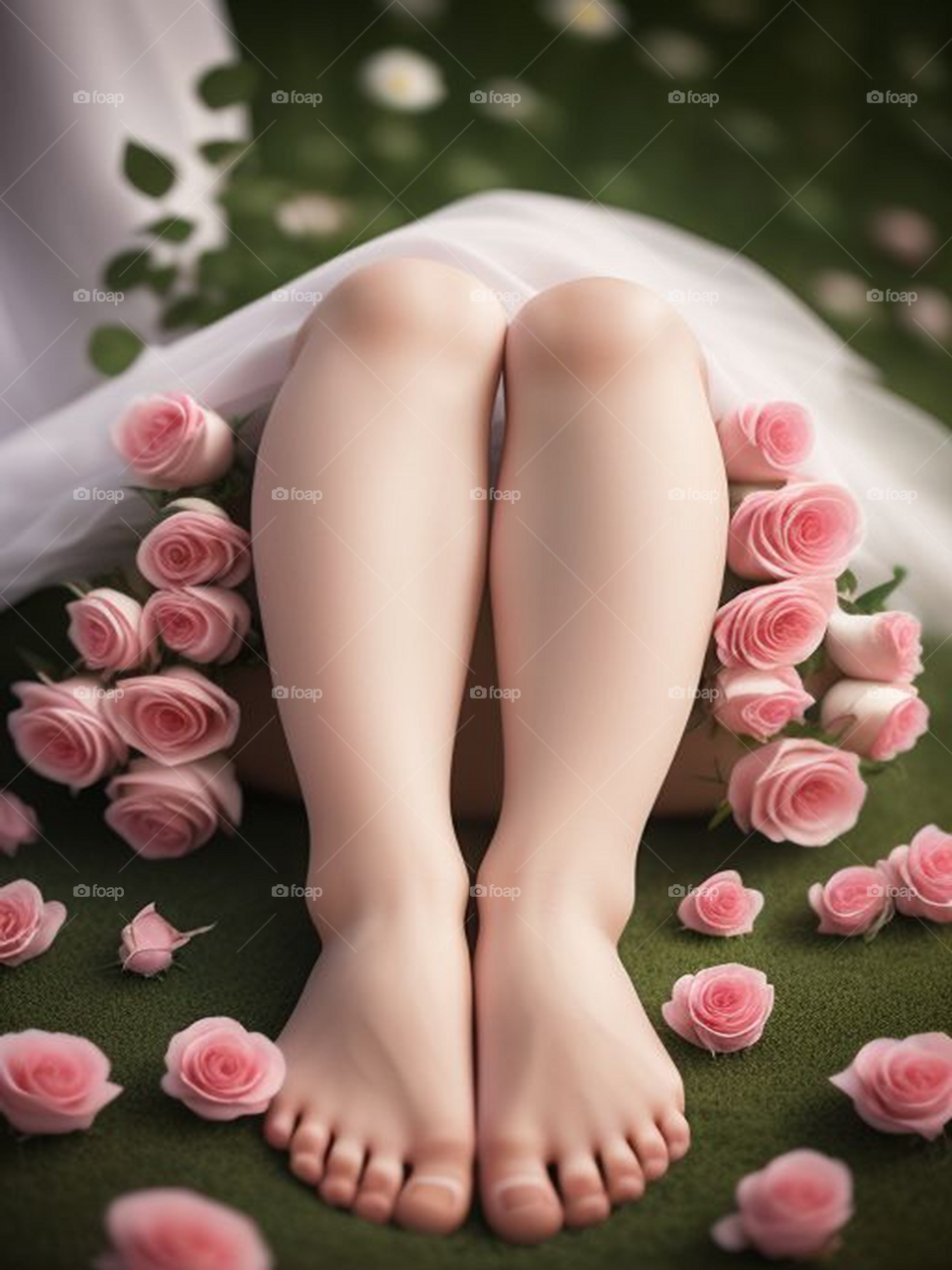 Human feet among roses