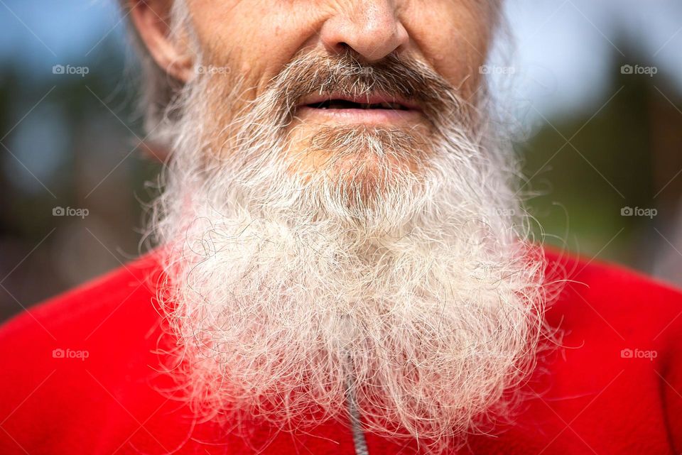 close-up of an old man's mustache and beard