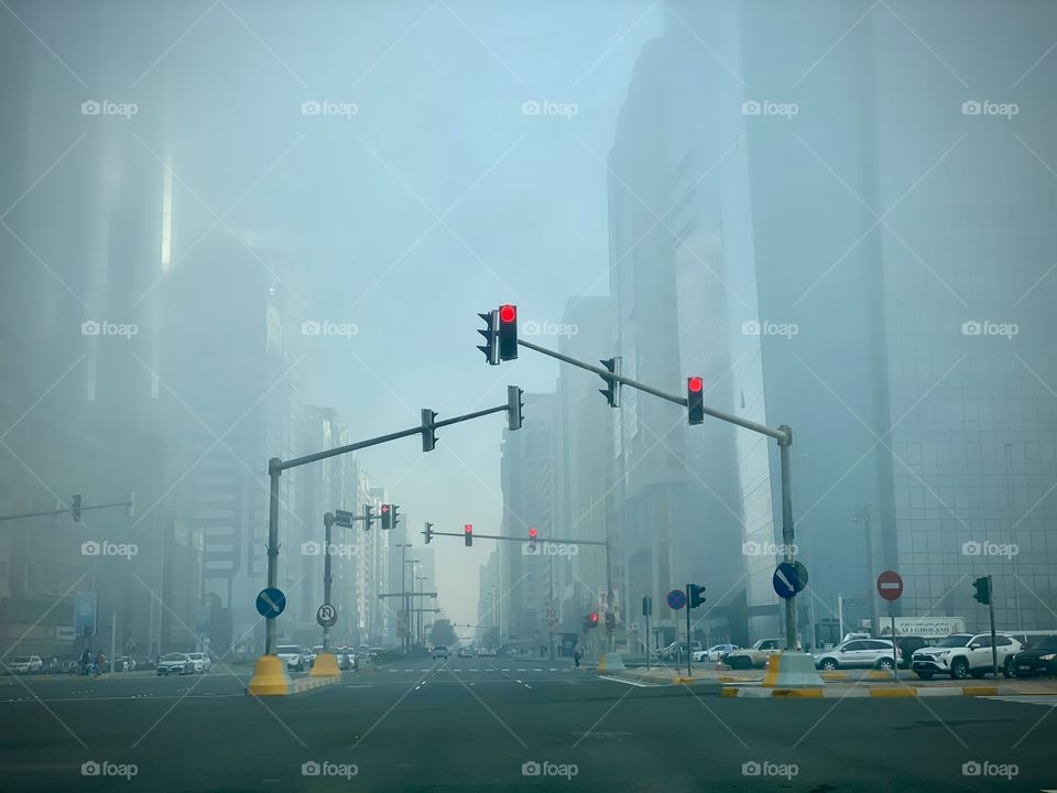 Foggy day in city