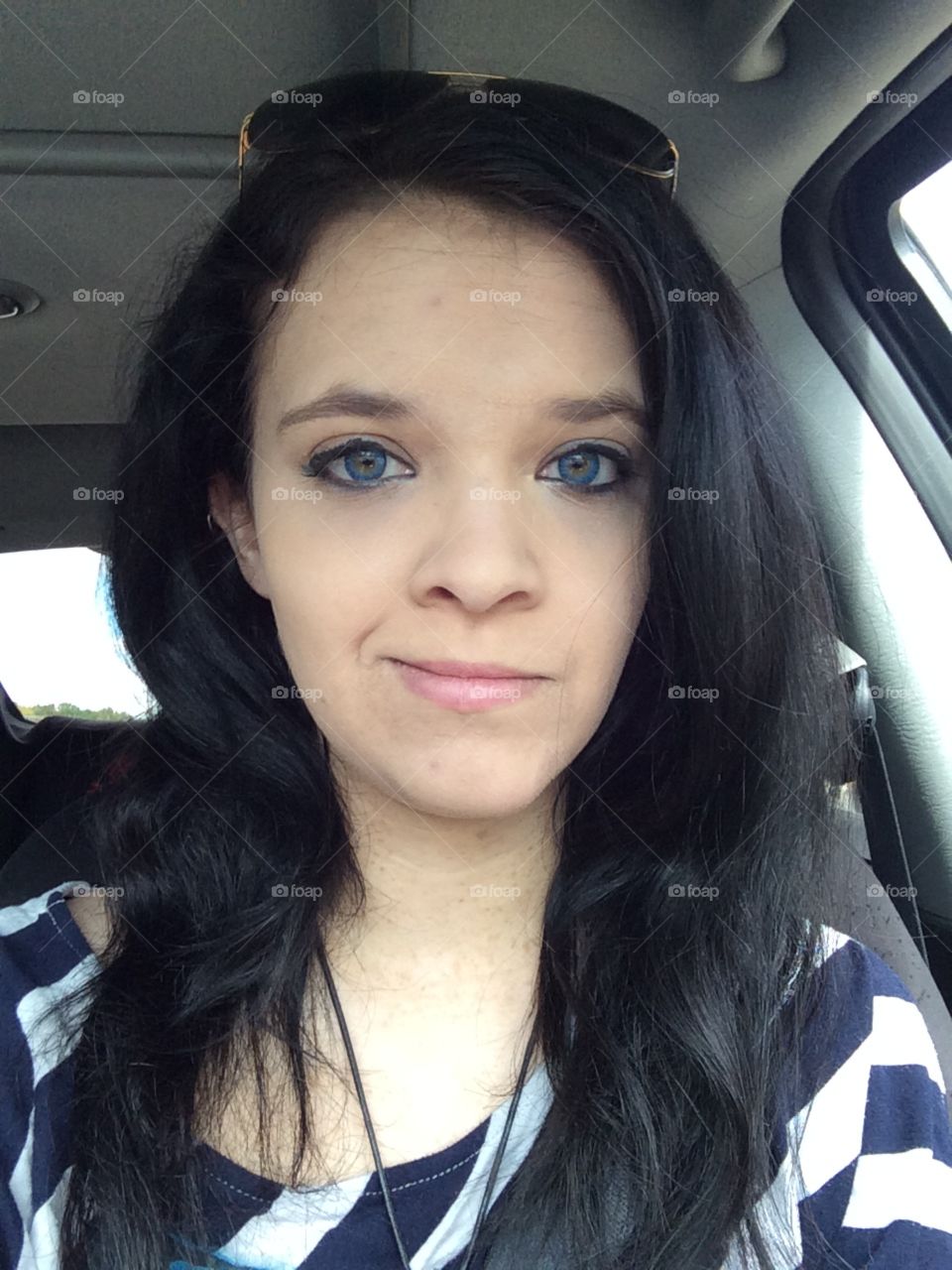 Selfie, blue eyes, black hair, smile, pretty 