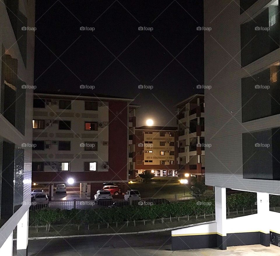 Moonlight between condominium buildings.