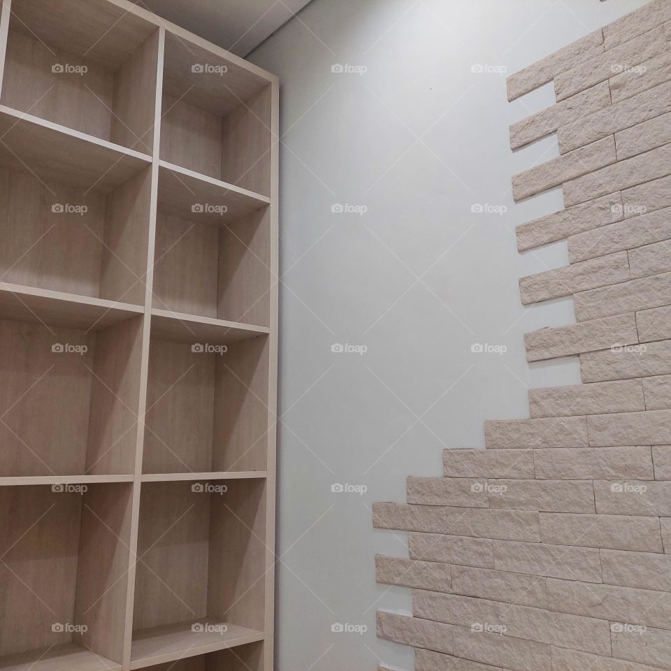 storage shelves for goods made of wood for visitors