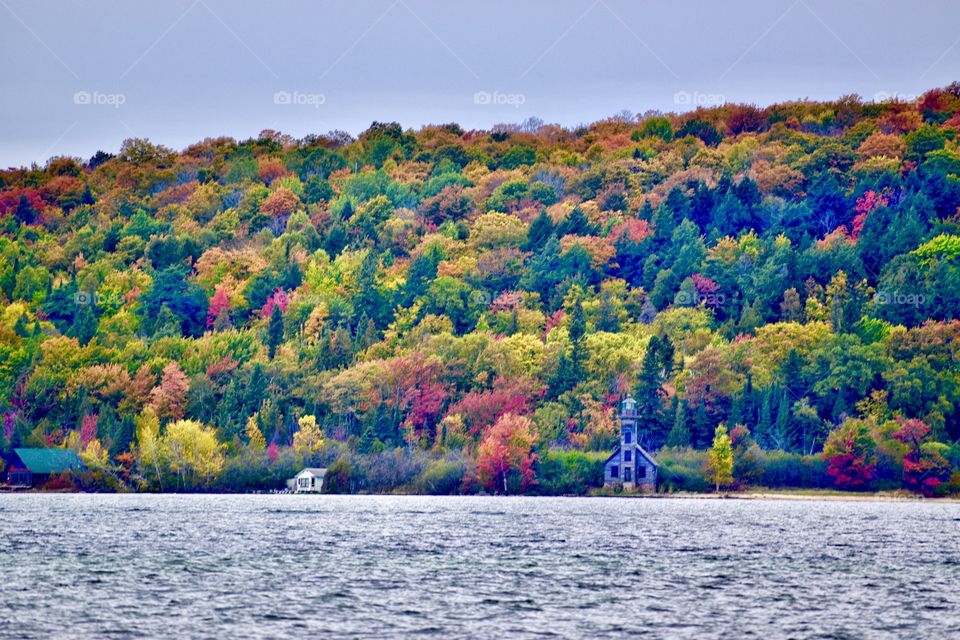 Fall and old lighthouse in Michigan 