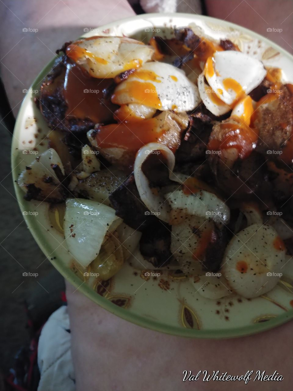 dark shade potato onion plate breakfast still life