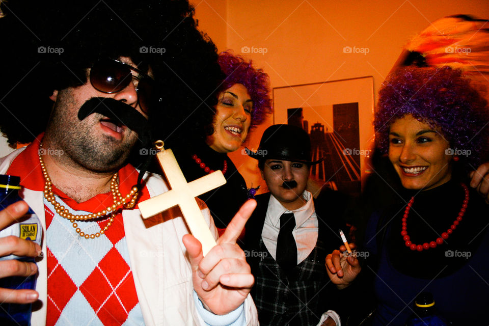 Carnaval house party. Fancy dress house party in Barcelona for Carnaval. Patty and Selma, Chaplin and unknown funky rapper