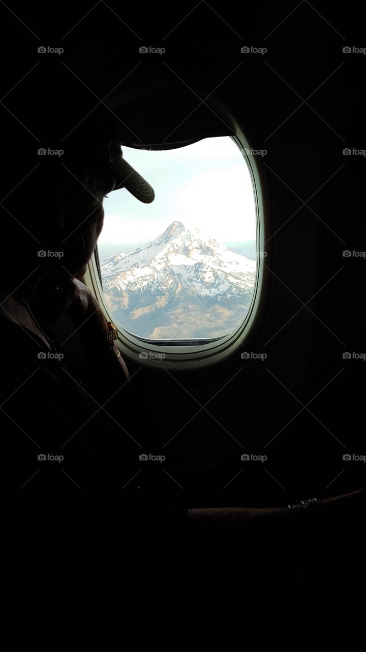 Looking at Mt. Hood from an airplane