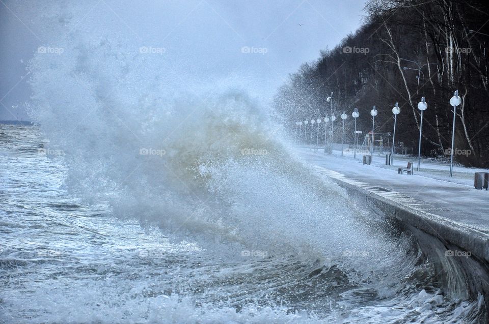 water in motion - splashing waves during strong storm in the Baltic sea coast in Poland