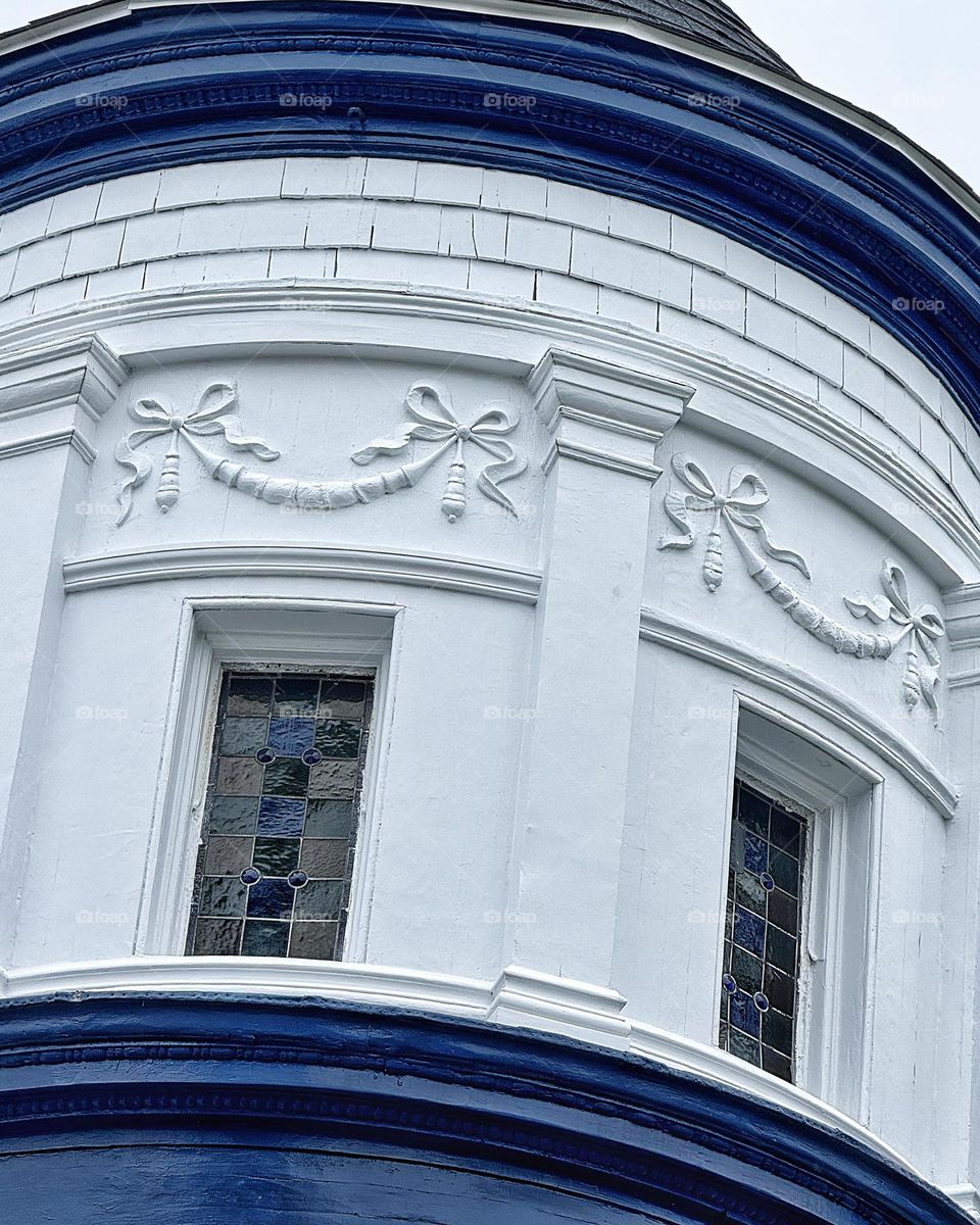 Historic building with blue stained glass 