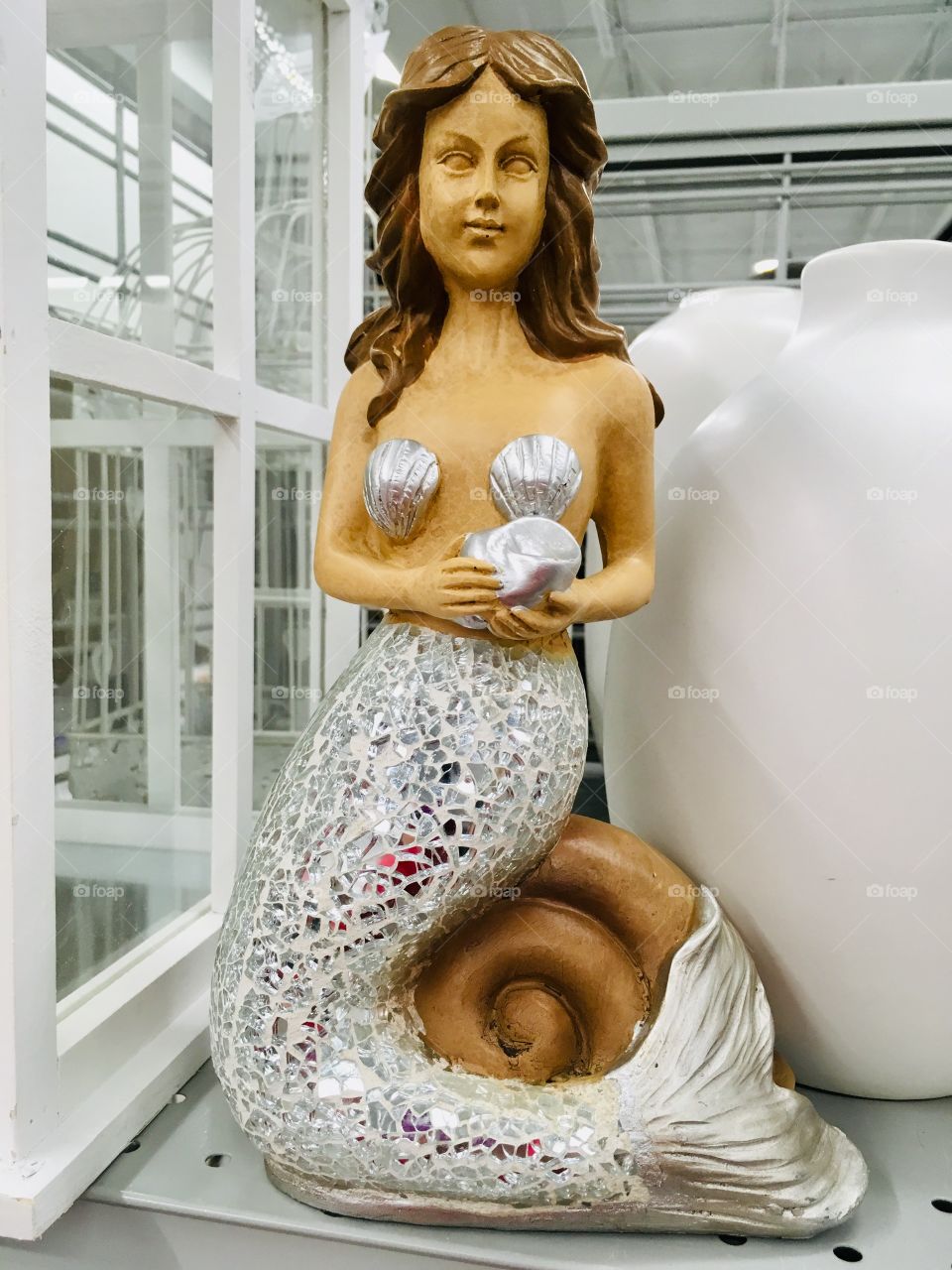 Mermaid statue with silver sparkle tail 