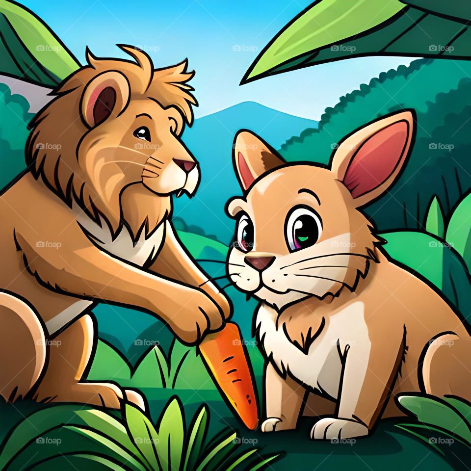 lion giving carrot to rabbit a lovely drawing