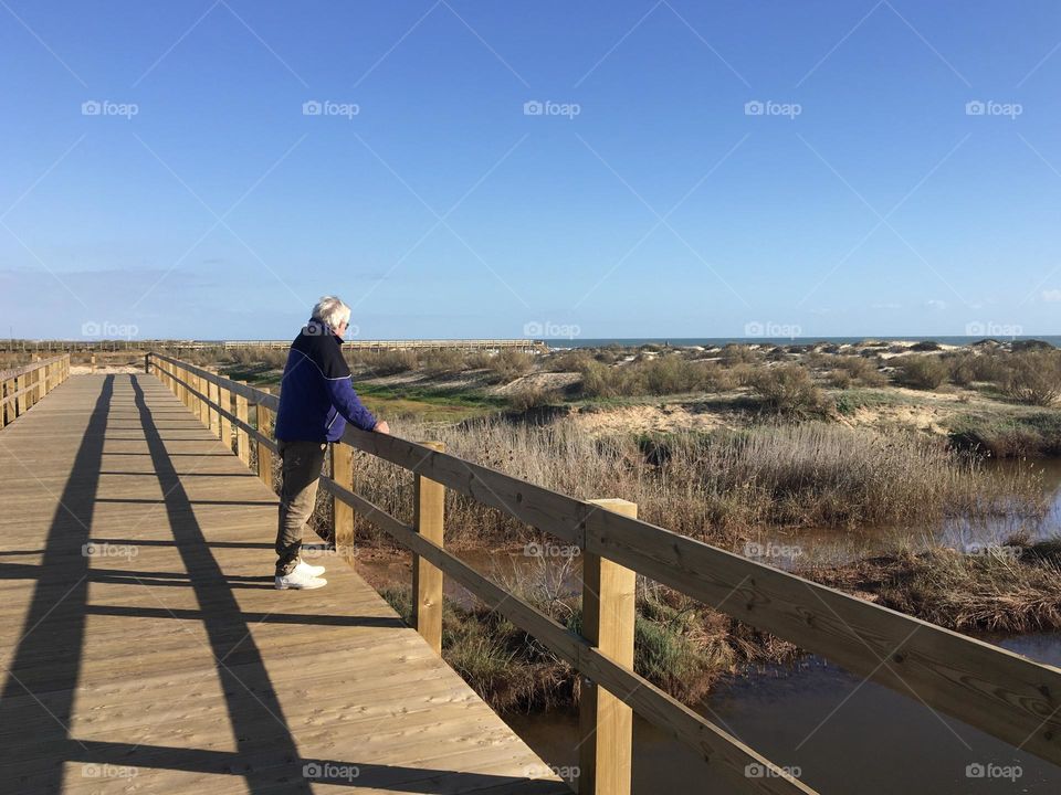 Wooden footbridge on seashore to preserve dunes