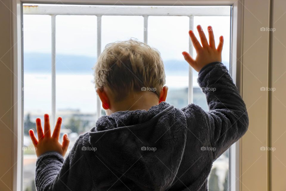 A boy looks out the window