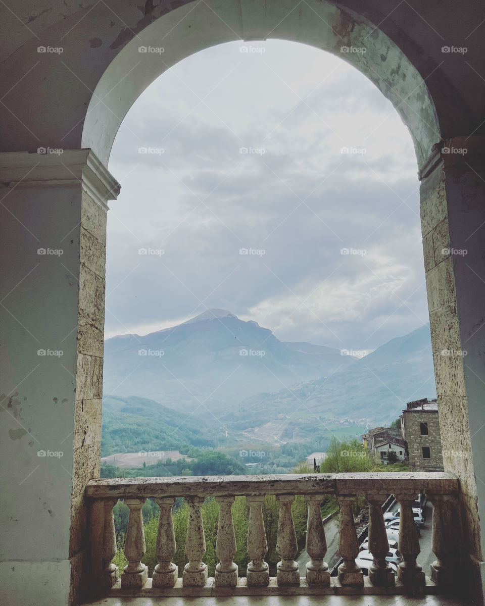 Public window and balcony of the main square of Civitella del Tronto, Abruzzo region, Italy
