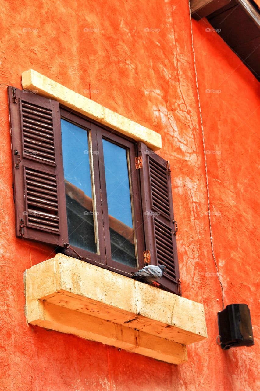 Beauty wooden window on the orange wall.