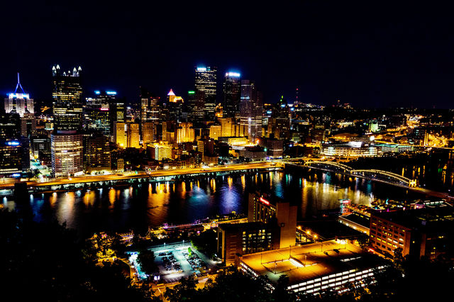 Illuminated buildings in downtown Pittsburgh, USA