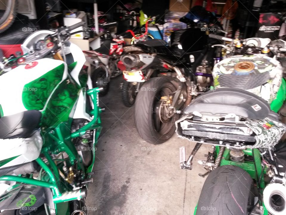 garage full of bikes. variety of bikes in the garage