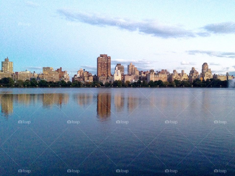 Reservoir. Reflection of buildings on the Central Park Reservoir