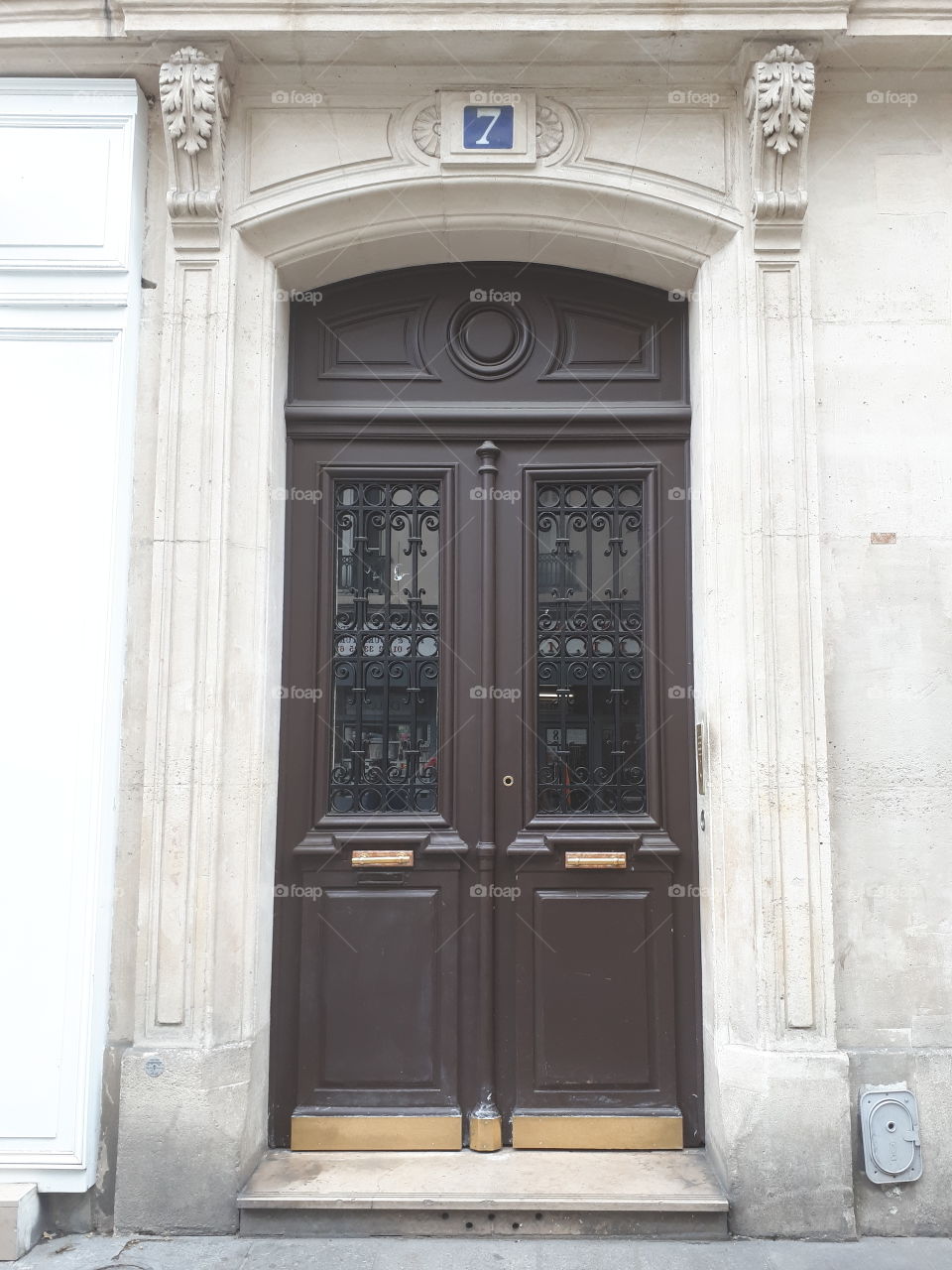 Wooden dark brown door with a metal grate