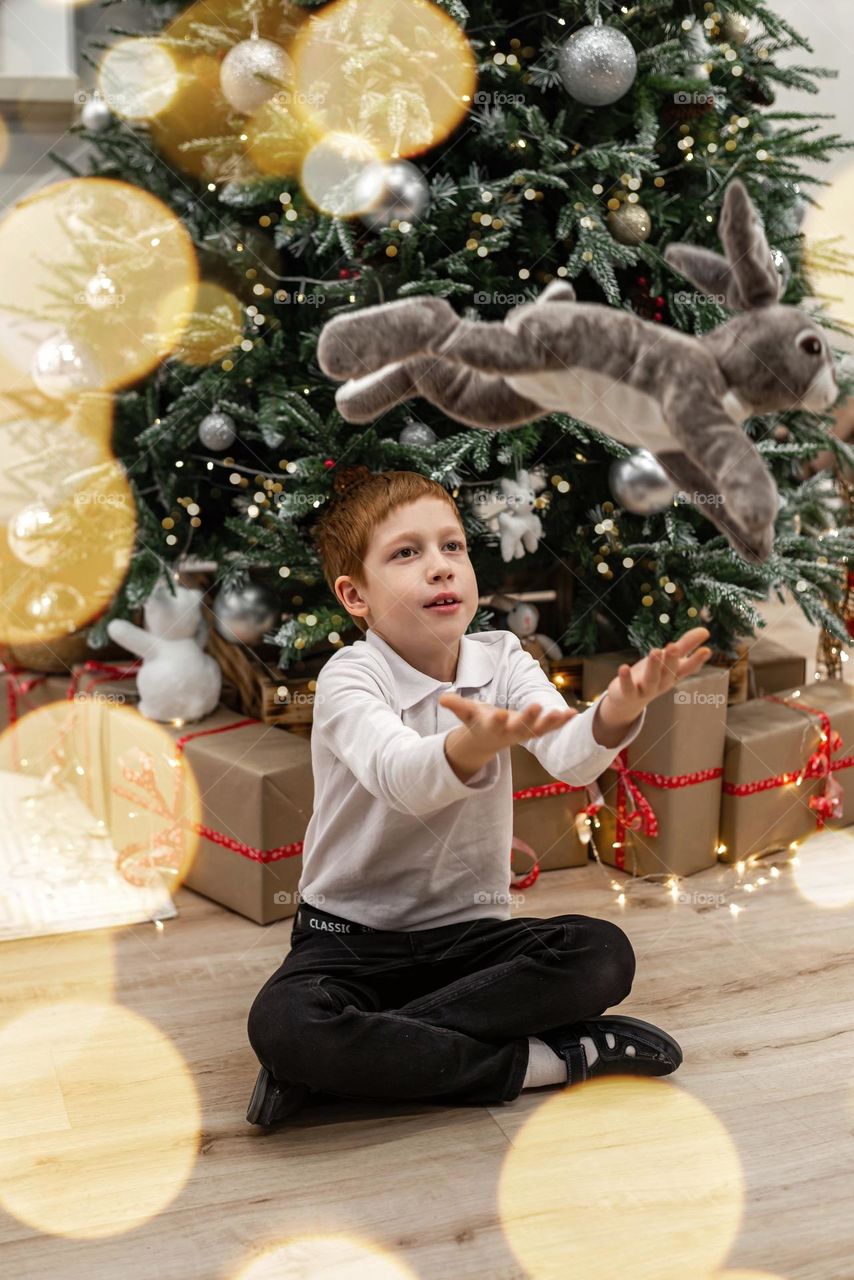 Red haired boy with toy rabbit 