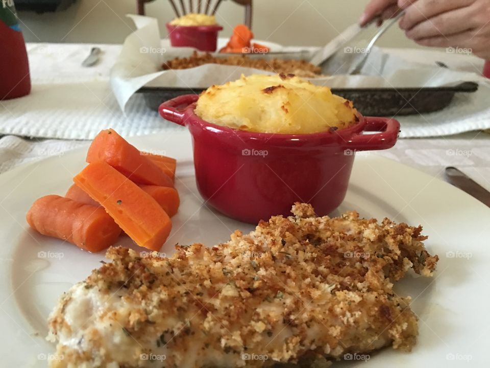 What's cooking? Chicken schnitzel with baked mashed potatoes and carrots