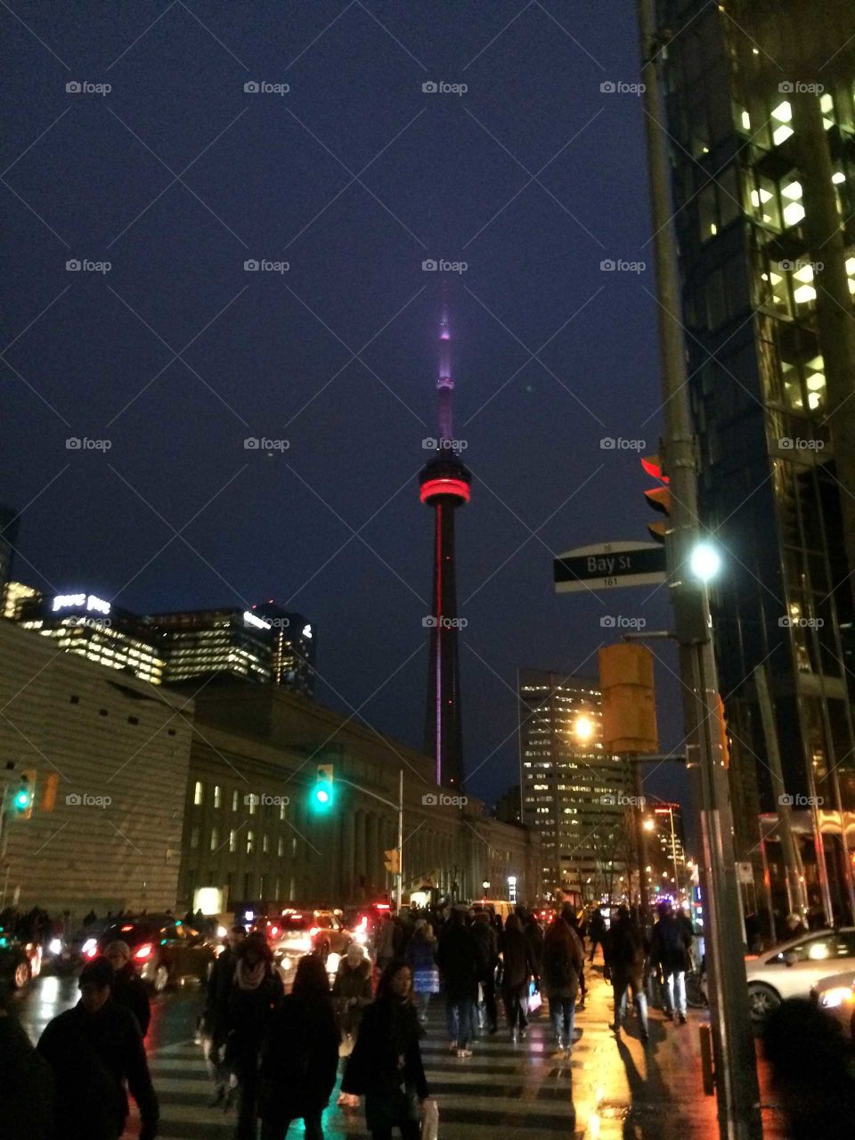 CN tower at night in rush hour