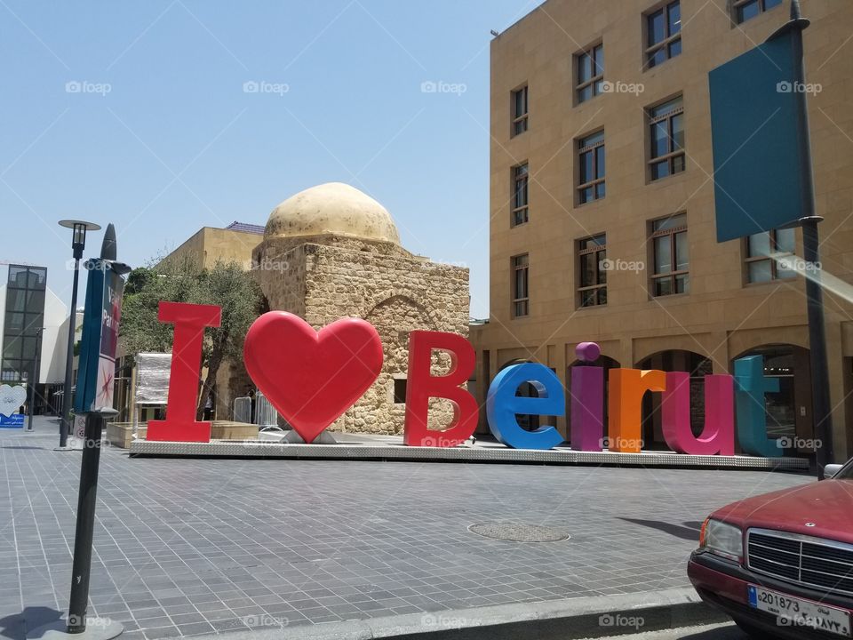 I Heart Beirut! Live, love Lebanon.  A Church & mosque side by side with a big I ❤ Beirut in Down Town Beirut, Lebanon
