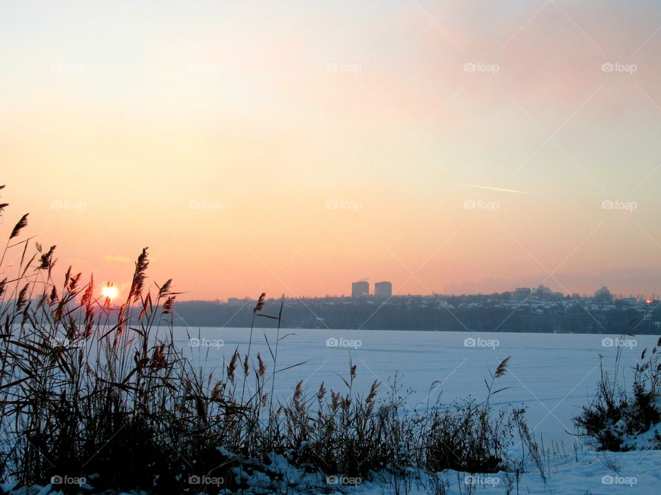 sunset in the cold winter