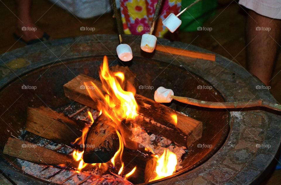 Roasting marshmallows in backyard