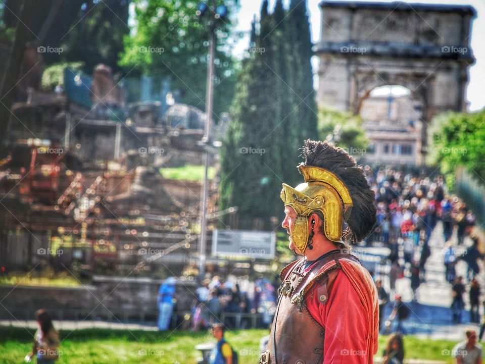 Roman guard in profile. A costumed guard at the Roman colosseum 