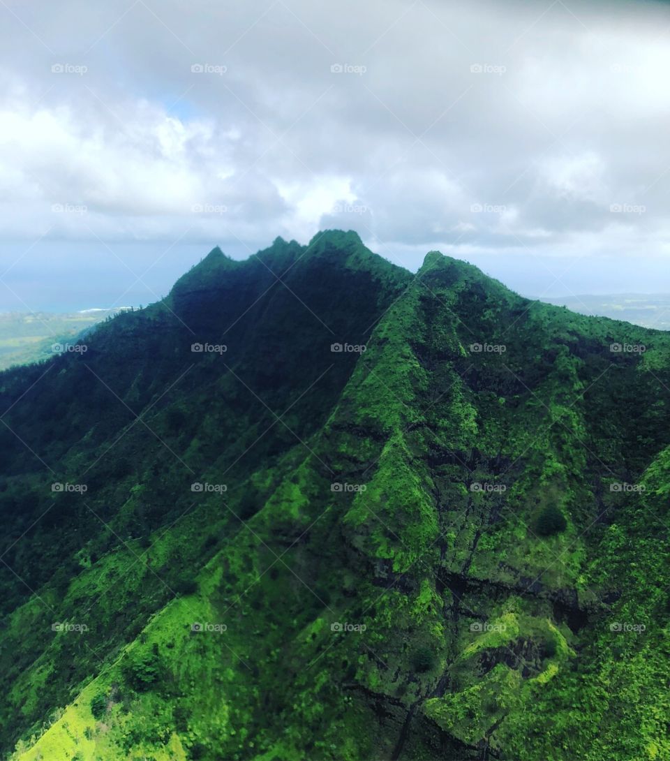 Helicopter View of a Moss-Covered Mountain Top in Kauai, Hawaii 