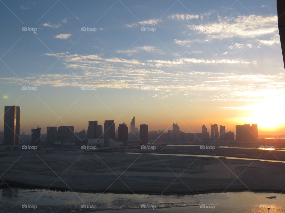 Sunset over Reem Island in Abu Dhabi.