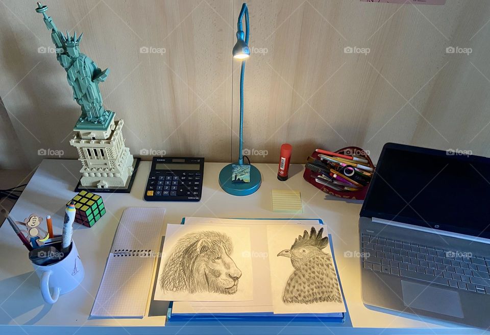 An eclectic desk where I work, learn and create a lot