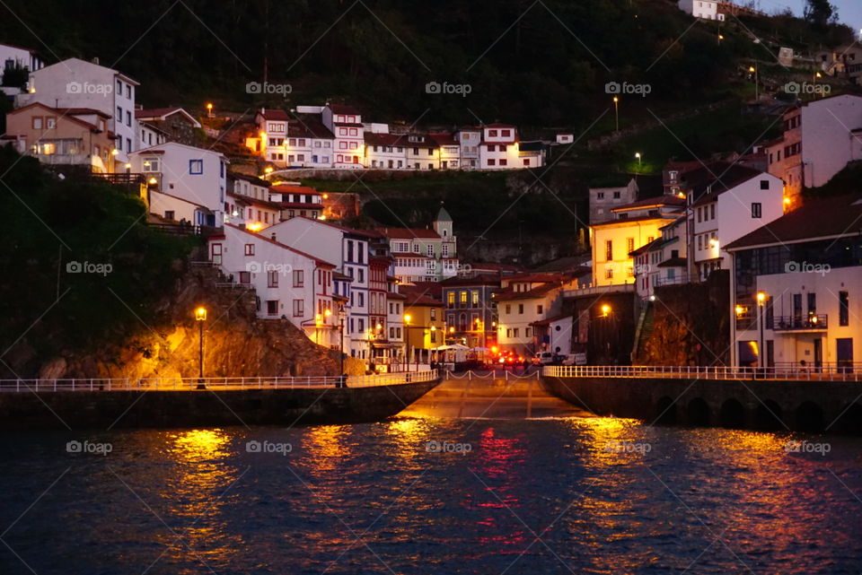 Town#view#ocean#lights#night#houses#port