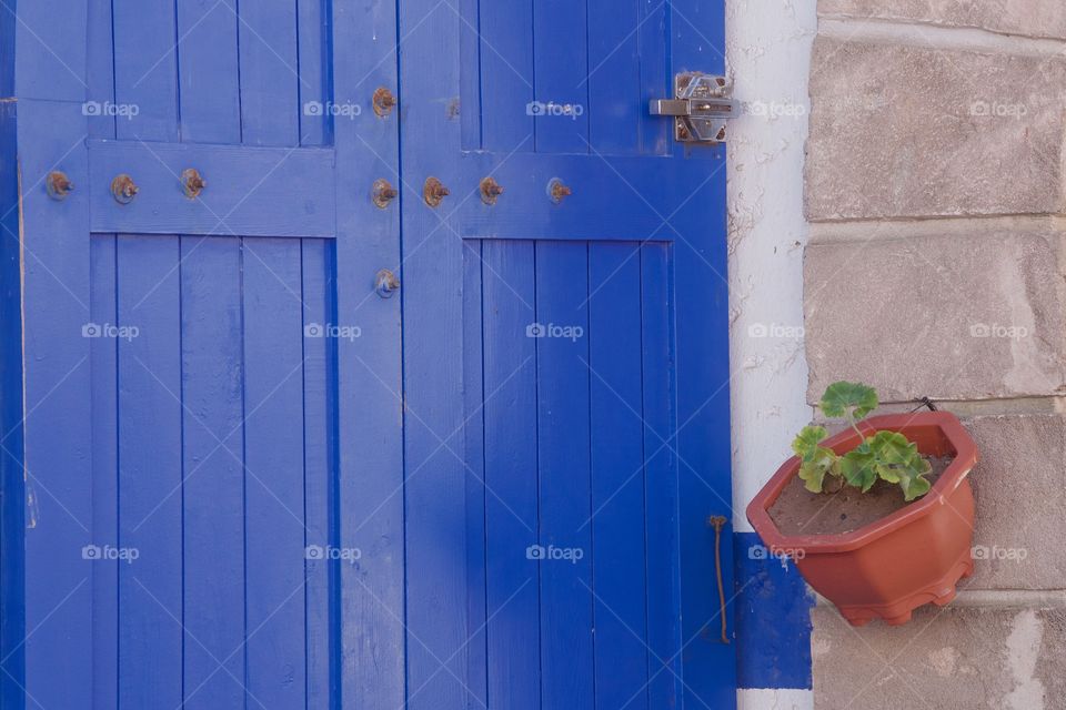 A.beautiful  outdoor view of a blue doorway and planter in Essaouria, Morocco ,  North Africa.