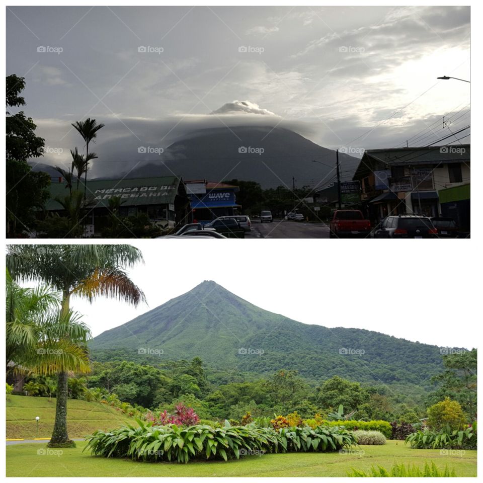 Arenal Volcano from the city of La Fortuna (top) and our resort (bottom). Costa Rica.