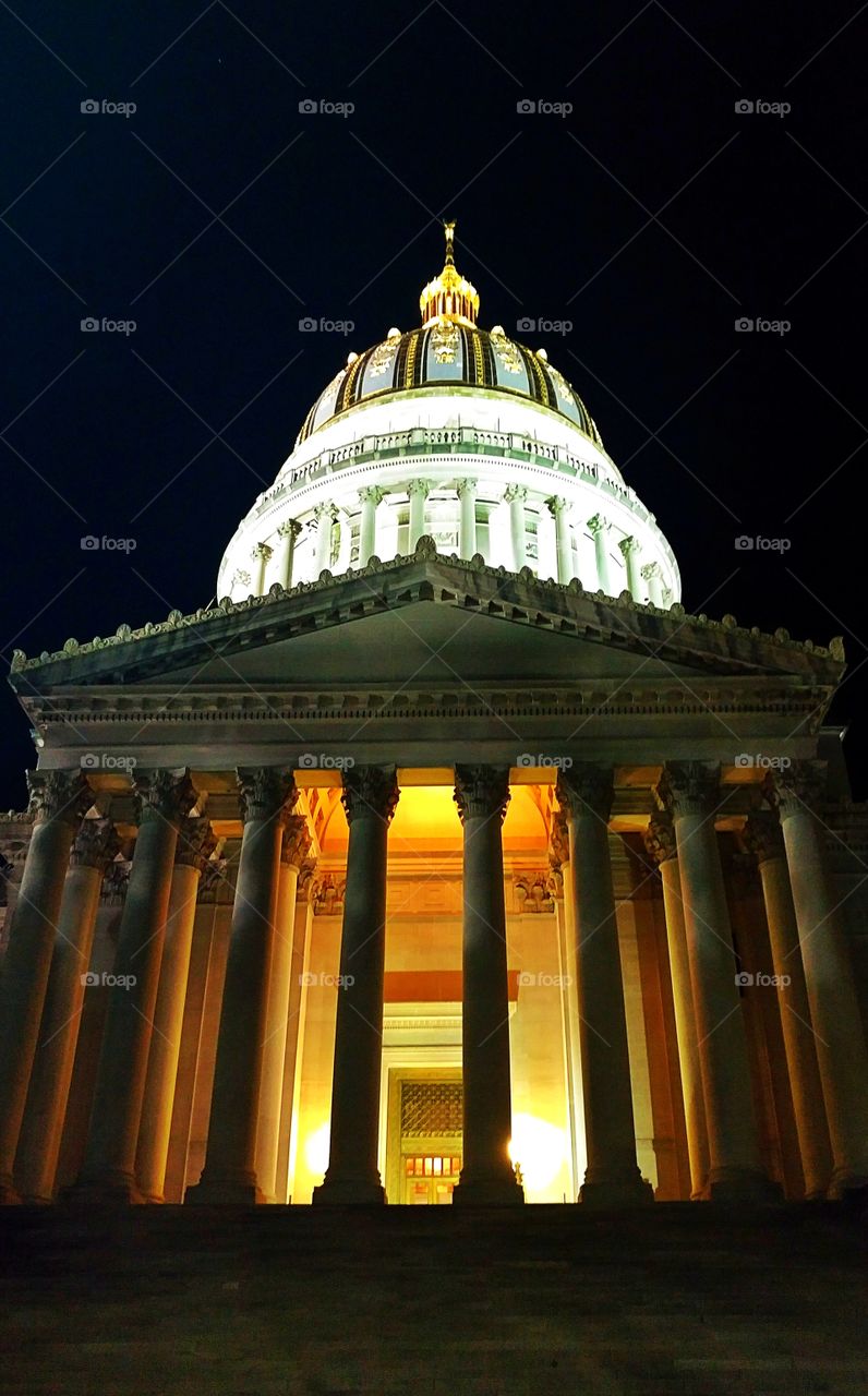 West Virginia State Capitol building at night. Charleston, West Virginia.
