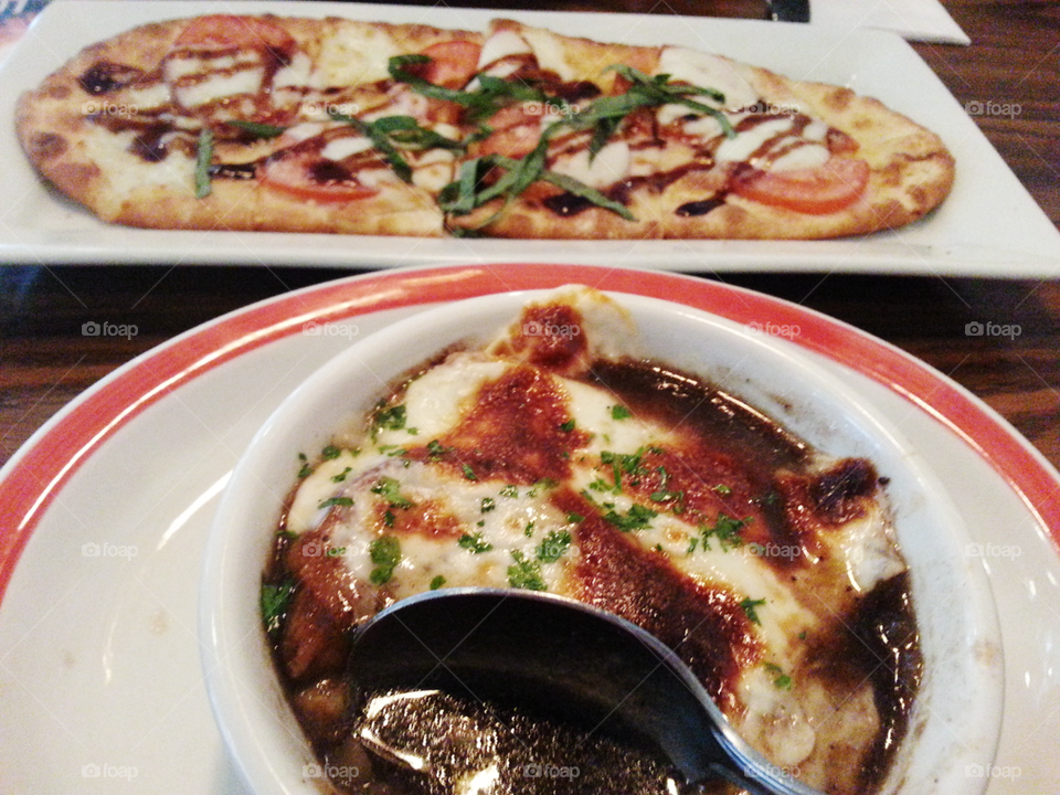  Delicious Lunch. French Onion Soup and Caprese flatbread