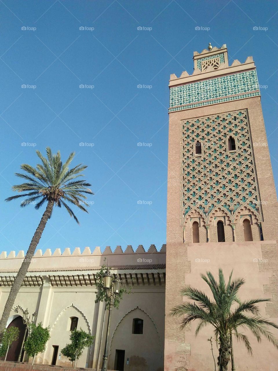 Magic and famous minaret of a mosque at marrakech city in Morocco.