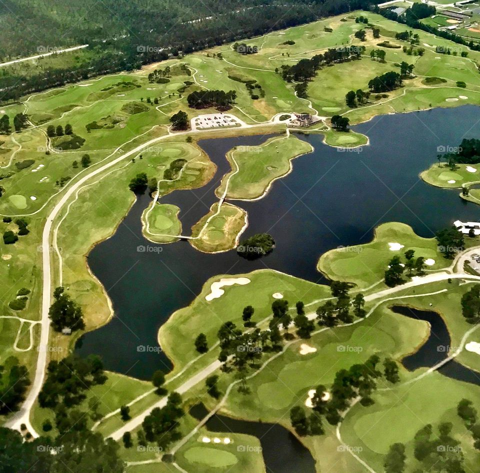 Aerial view of green grass and trees on golf course