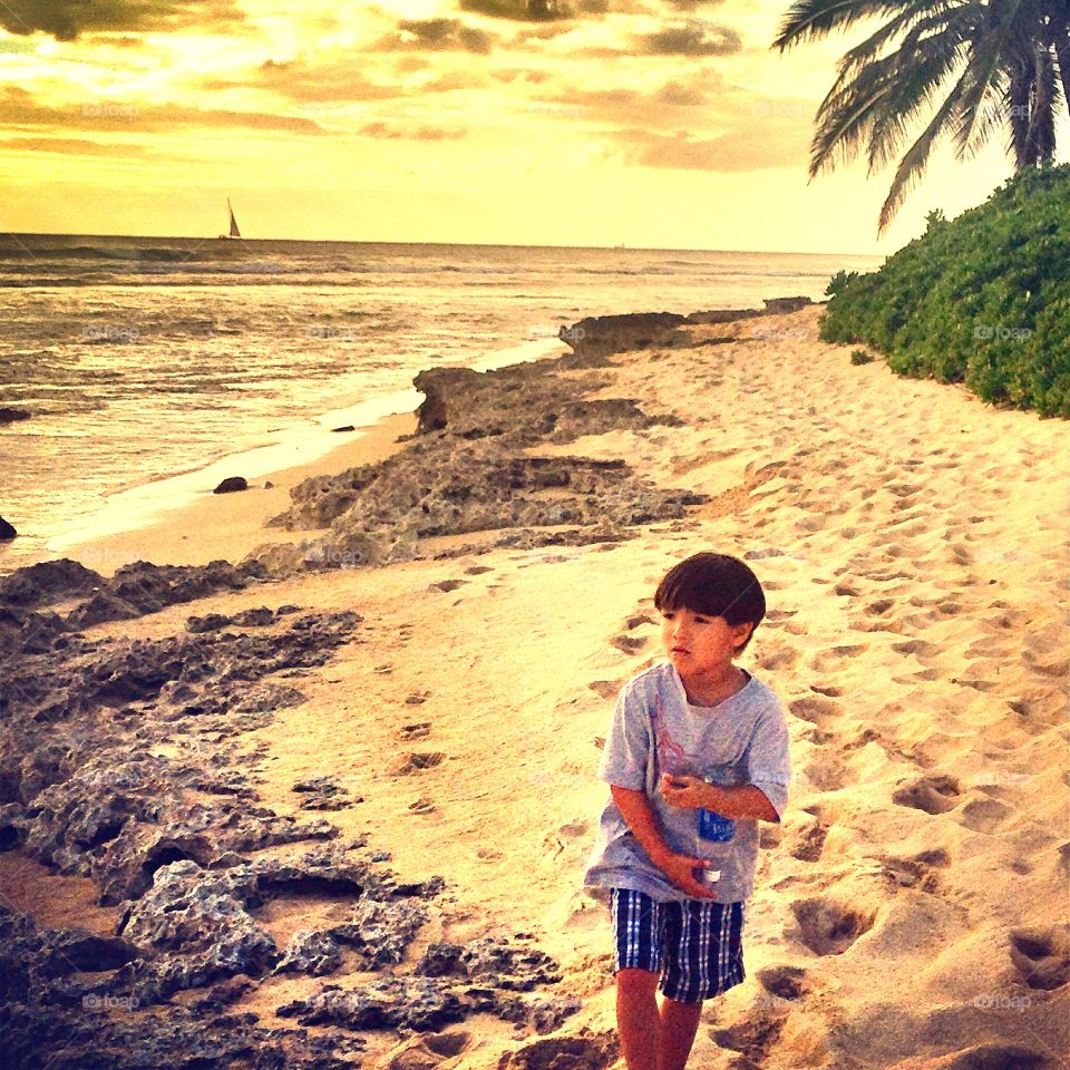 Little boy at beach during sunset