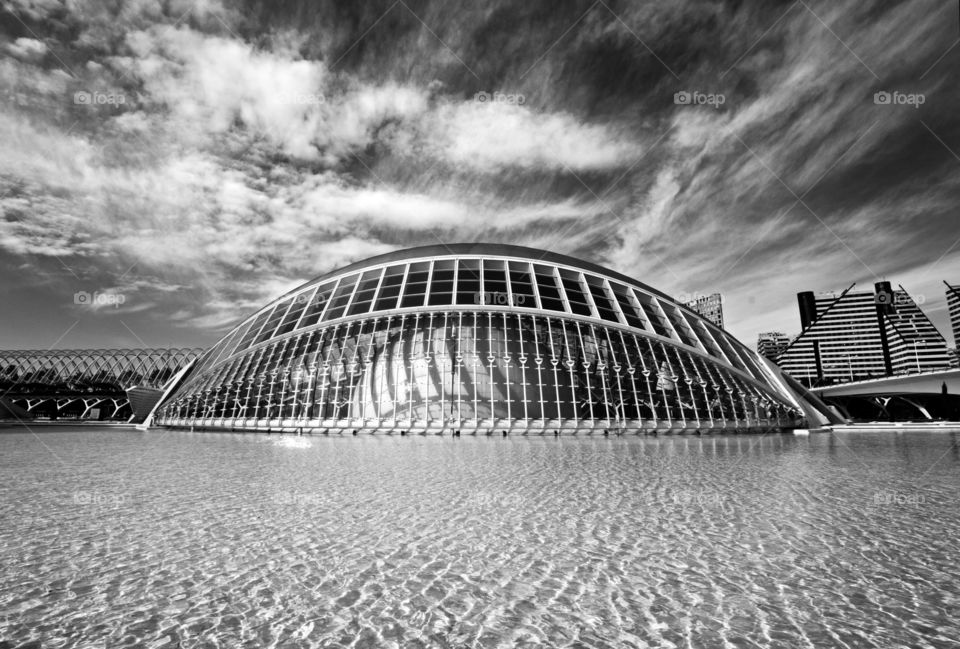 The futuristic architecture of the City of Arts and Sciences in Valencia, Spain, in monochrome. 