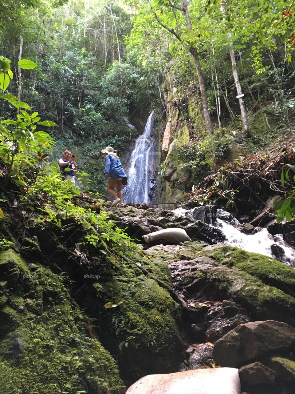 Hidden rain Forrest waterfall in the foothills of the Andes Mountains of Peru at the end of a long hike