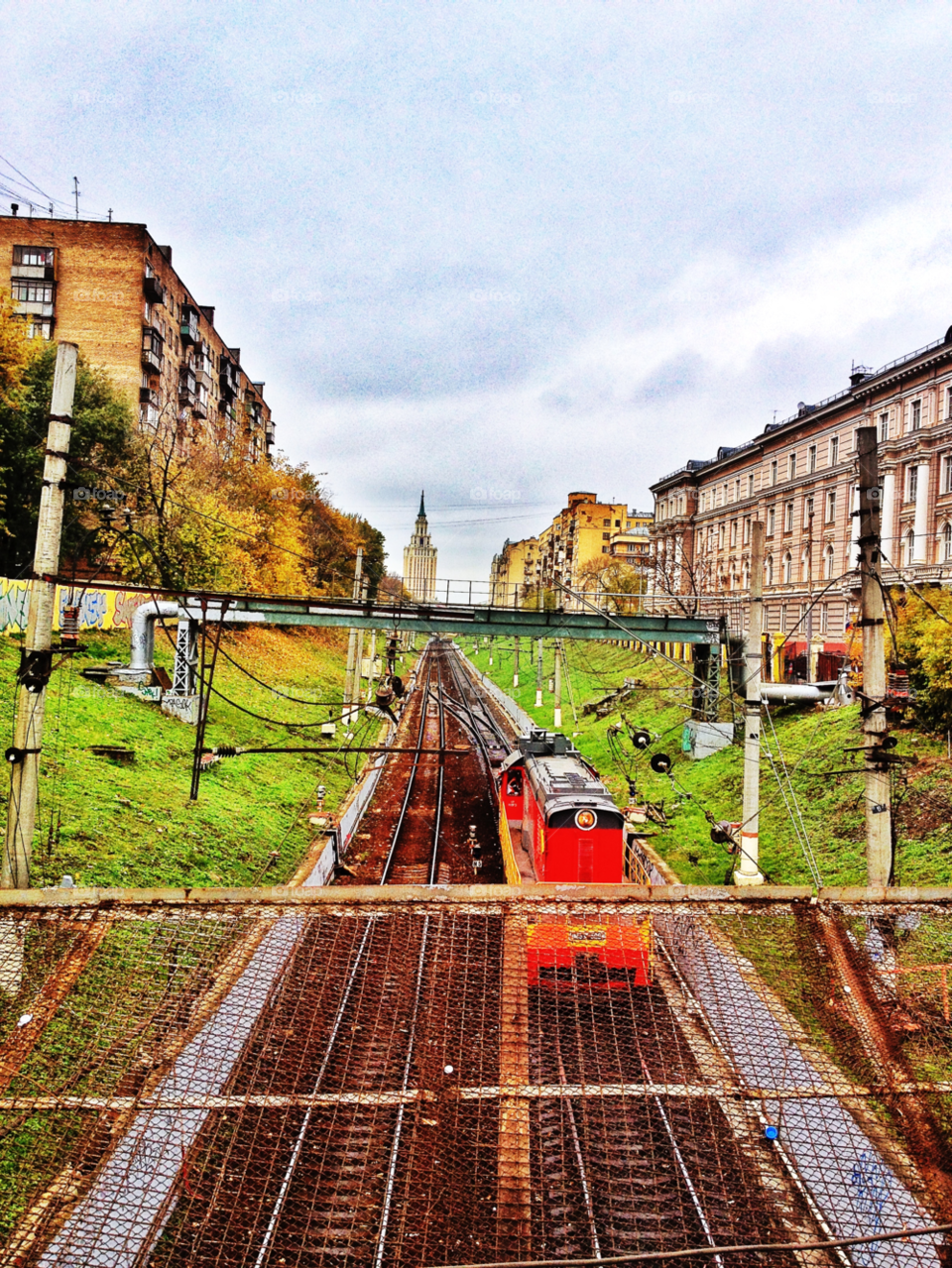 city buildings train rail by penguincody