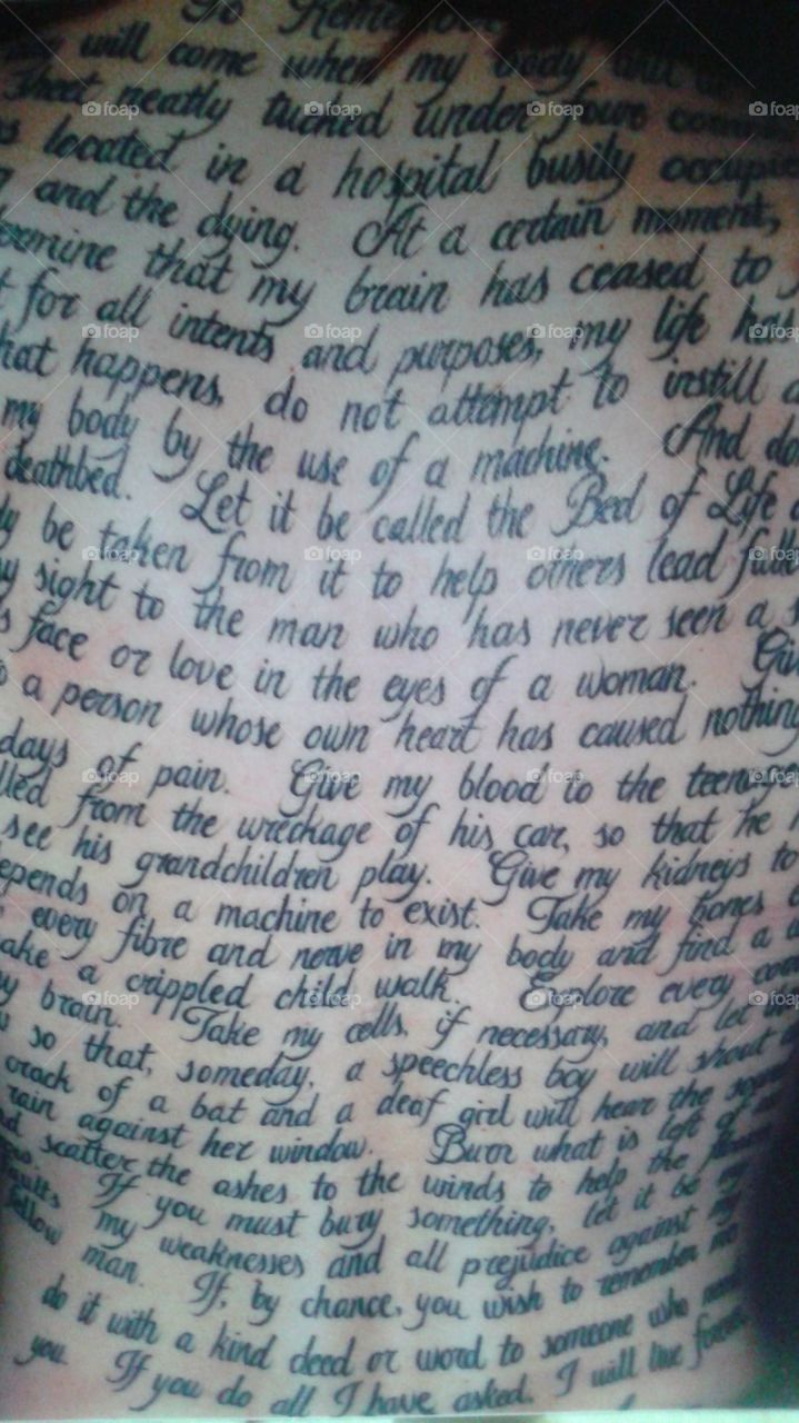 best tatoo ever. A powerful poem about saving lives and leaving a legacy through organ donation 