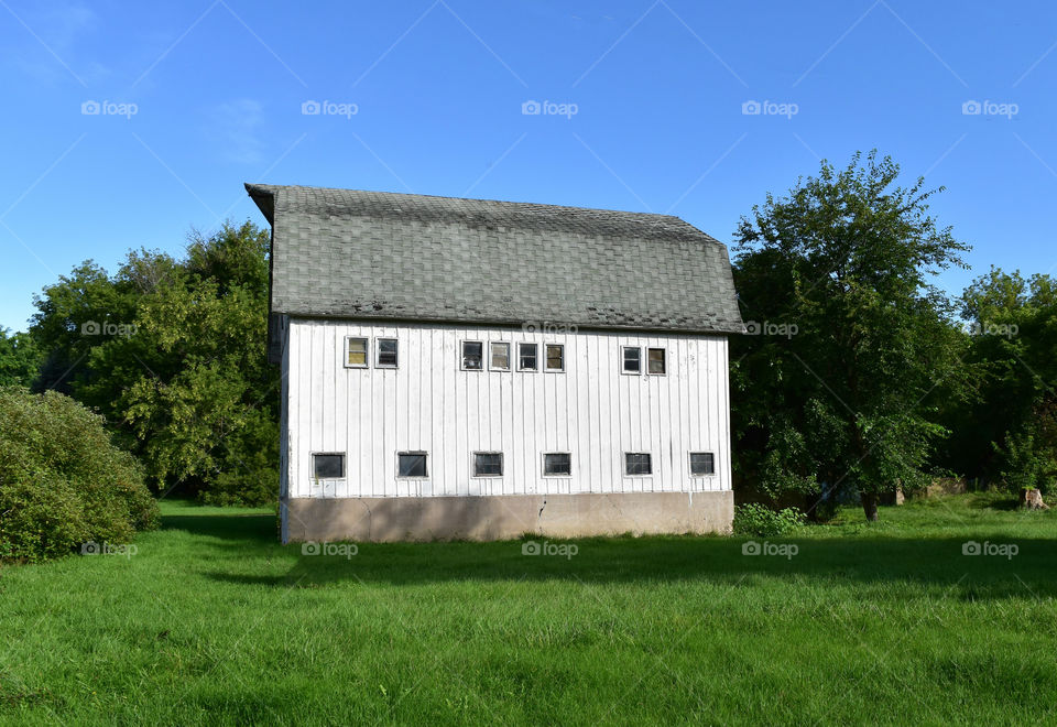 White barn on sunny, summer day