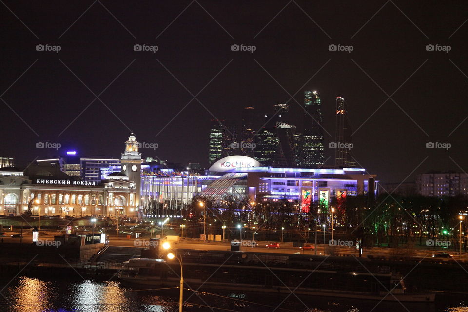 Berth, sunset, river,  Moscow, city, night city, Moscow does not sleep