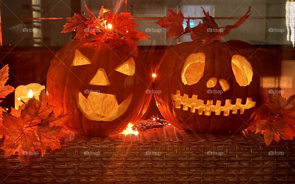 Homemade Carved enlightened Halloween scary pumpkins 