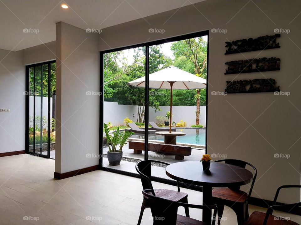 living room with view swiming pool