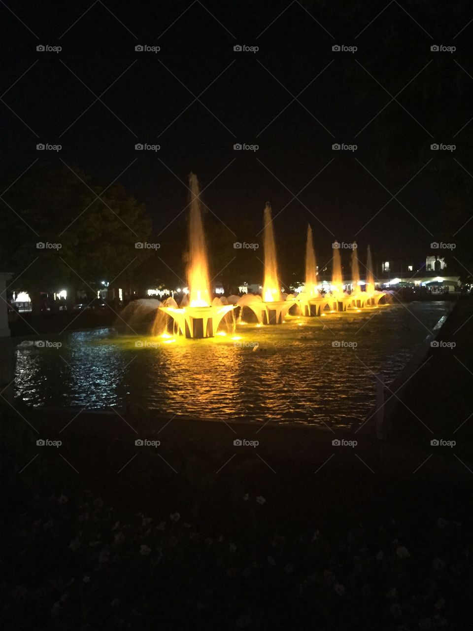 Kings Island fountains at night
